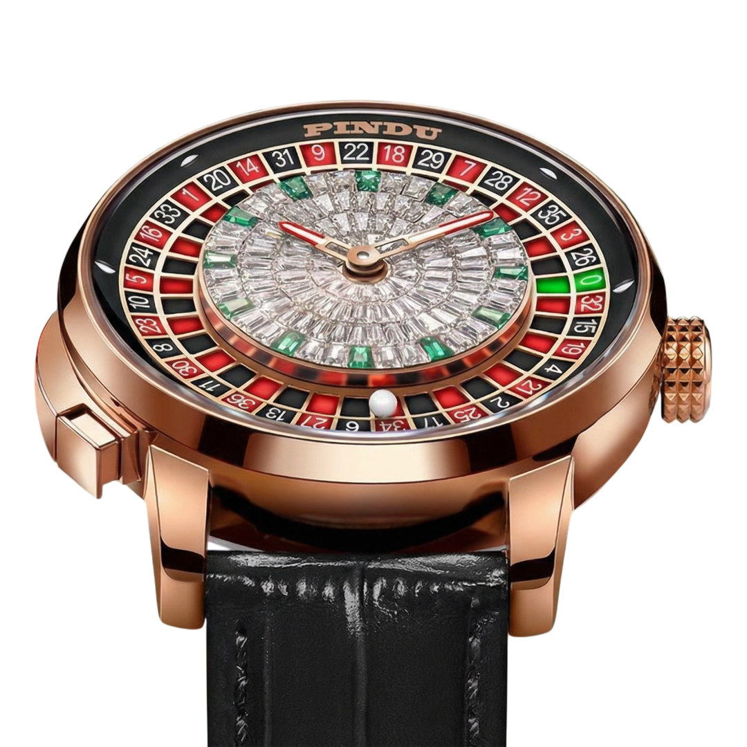 Luxury watch with roulette design on a white background